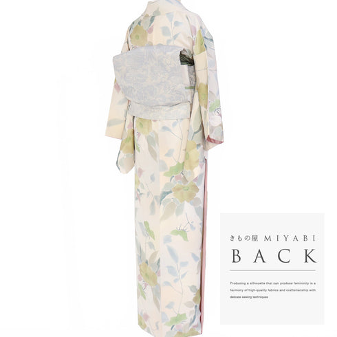 小紋 リサイクル 身丈155.5cm 裄62.4cm 袷 地紋色彩 花柄 ベージュ Mサイズ お洒落 カジュアル 正絹 広衿 Aランク