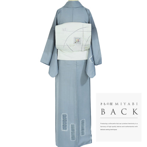 訪問着 リサイクル 身丈164.5cm 裄66.2cm 袷 紬 部分絞り 縞に短冊模様 後染め ゆったりサイズ ブルー Lサイズ お洒落 しつけ糸 正絹 広衿 Sランク