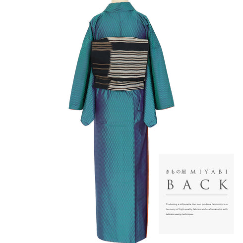 紬 リサイクル 身丈157.8cm 裄68.6cm 袷 縦枠地紋柄 グリーン Mサイズ お洒落 正絹 広衿 Sランク