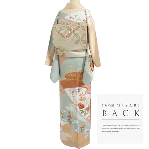訪問着 リサイクル 身丈161.2cm 裄65.2cm 袷 染めわけ絞り 松や菊柄 箔 多色 Lサイズ セミフォーマル お洒落 正絹 広衿 Bランク