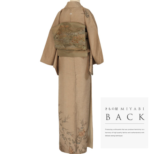 付下げ リサイクル 身丈160.8cm 裄65.2cm 袷 鳳凰柄 草花柄 紬 ブラウン Lサイズ お洒落 一つ紋 正絹 広衿 Sランク