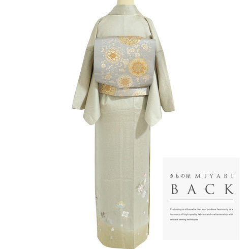 訪問着 リサイクル 身丈159.8cm 裄64.4cm 袷 地紙 草花柄 蝶柄 彩色 汕頭刺繍 ベージュ Mサイズ セミフォーマル お洒落 正絹 広衿 Aランク
