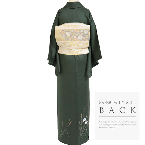 付下げ リサイクル 身丈157.2cm 裄62.4cm 袷 胡蝶蘭 草花柄 箔 グリーン Mサイズ フォーマル セミフォーマル 正絹 広衿 Sランク