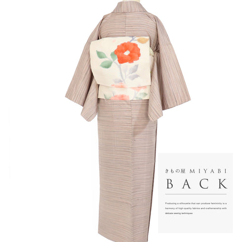 紬 リサイクル 身丈153cm 裄63cm 単衣 横縞柄 ベージュ Sサイズ カジュアル 正絹 広衿 Sランク