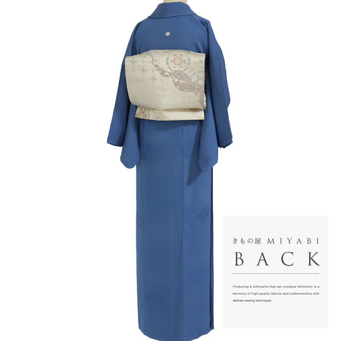 色無地 リサイクル 身丈160.5cm 裄64.4cm 袷 花菱柄 ブルー Lサイズ セミフォーマル お洒落 一つ紋 正絹 広衿 地紋あり Bランク