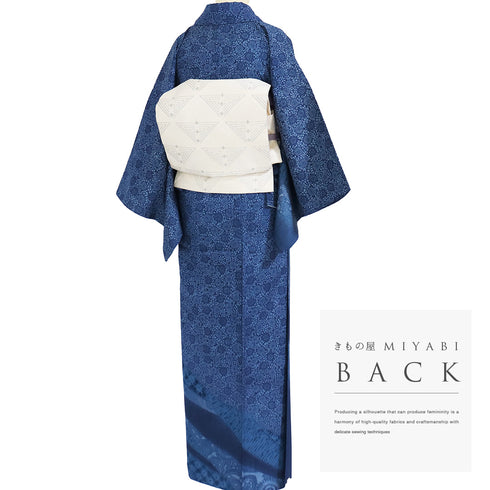 訪問着 リサイクル 身丈156cm 裄63cm 袷 藍染め 更紗柄 部分絞り ブルー Mサイズ セミフォーマル 正絹 広衿 Aランク