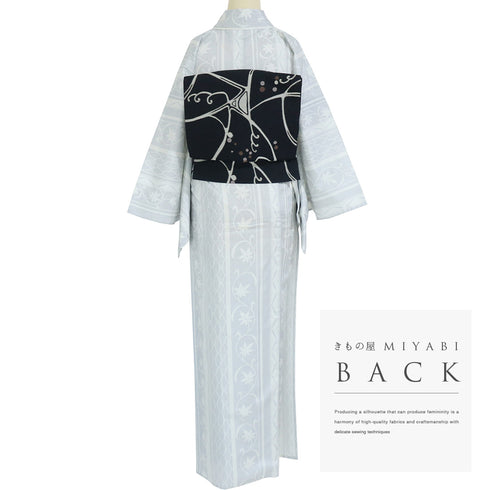 紬 リサイクル 身丈158.5cm 裄67.2cm 単衣 紬柄プリント 花唐草 平織生地 後身頃居敷当て ゆったりサイズ ホワイト Mサイズ お洒落 カジュアル ポリエステル 広衿 Sランク