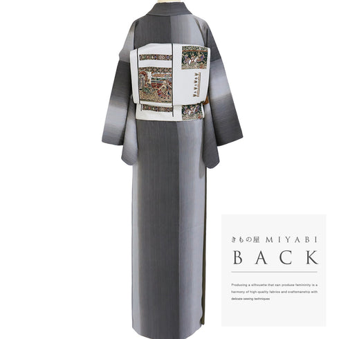 小紋 リサイクル 身丈157.6cm 裄65.6cm 袷 縦ぼかし柄 地紋 グレー Mサイズ お洒落 カジュアル 正絹 広衿 Aランク