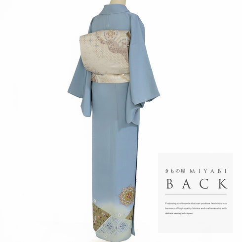 色留袖 リサイクル 身丈163cm 裄64.4cm 袷 華紋柄 箔 比翼無し ブルー Lサイズ 落款 一つ紋 正絹 広衿 Sランク