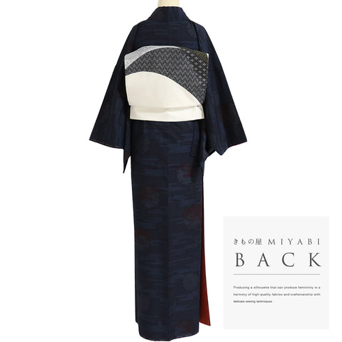 紬 リサイクル 身丈165.3cm 裄66.6cm 袷 結城紬 雪輪柄 ネイビー Lサイズ カジュアル お洒落 証紙 しつけ糸 正絹 広衿 Sランク