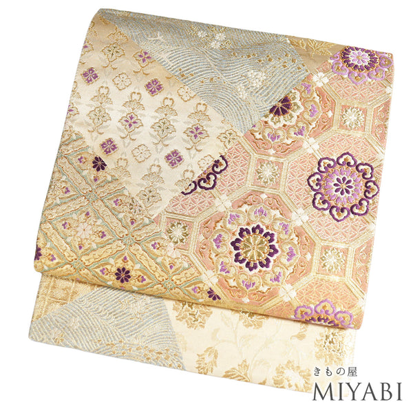 袋帯 リサイクル 帯丈440cm 六通 名錦祥文 じゅらく帝王紫 垂れ先文字あり ゴールド Mサイズ 正絹 Sランク フォーマル セミフォーマル