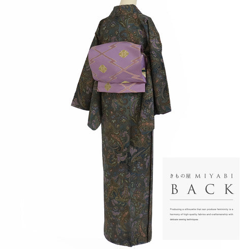 小紋 リサイクル 身丈160.8cm 裄68.4cm 袷 抽象柄 グリーン Lサイズ お洒落 カジュアル しつけ糸 正絹 広衿 Sランク