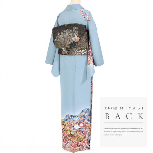 訪問着 リサイクル 身丈161.7cm 裄64.4cm 袷 辻が花 桐屋・翠山工房 絞り ブルー Lサイズ お洒落 落款 正絹 広衿 Sランク