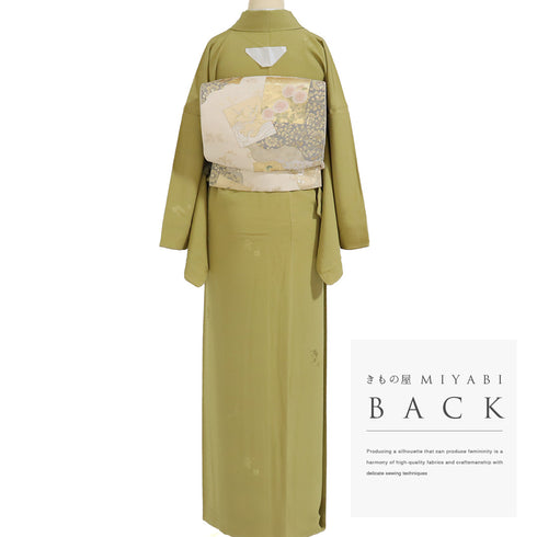 色無地 リサイクル 身丈172.5cm 裄69.8cm 袷 梅柄 作家物 柿本市郎 グリーン LLサイズ セミフォーマル お洒落 落款 一つ紋 しつけ糸 正絹 広衿 地紋あり Sランク