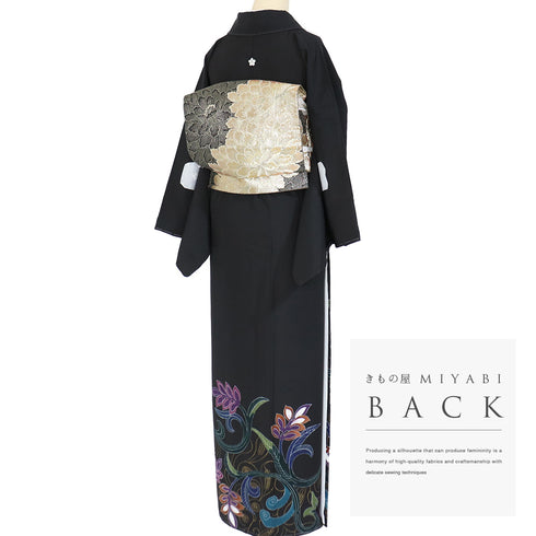 黒留袖 リサイクル 身丈161.3cm 裄66.8cm 袷 唐草柄 刺繍 箔 ブラック Lサイズ 五つ紋 しつけ糸 正絹 広衿 Sランク