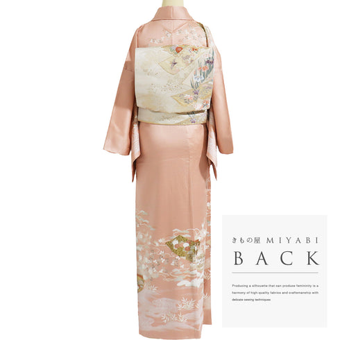 訪問着 リサイクル 身丈168.8cm 裄67.6cm 袷 花柄 金駒刺繍 ピンク LLサイズ セミフォーマル お洒落 正絹 広衿 Sランク