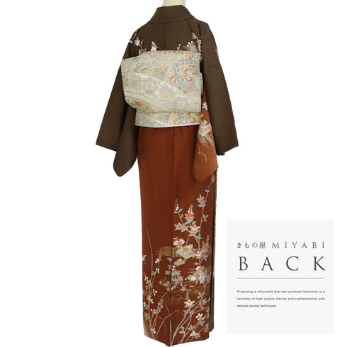 訪問着 リサイクル 身丈158.5cm 裄64.4cm 袷 花車や花籠柄 金駒刺繍 ブラウン Mサイズ セミフォーマル お洒落 正絹 広衿 Sランク
