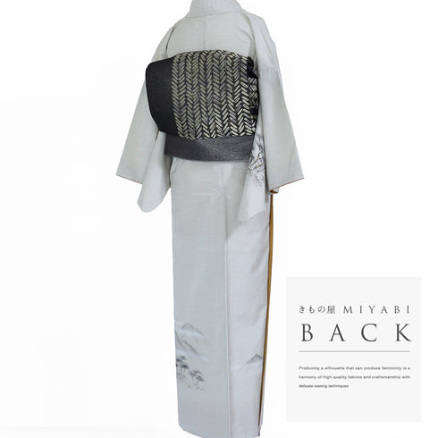 付下げ リサイクル 身丈167cm 裄63.2cm 袷 大島紬 遠山樹林風景柄 晃生 ホワイト LLサイズ お洒落 落款 正絹 広衿 Aランク