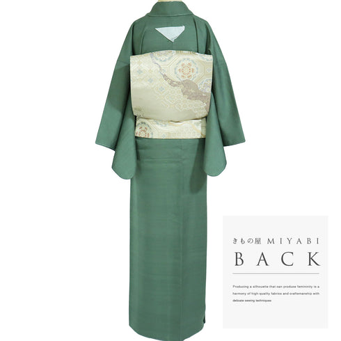 色無地 リサイクル 身丈159.3cm 裄65cm 袷 グリーン Mサイズ セミフォーマル 一つ紋 しつけ糸 正絹 広衿 地紋あり Sランク