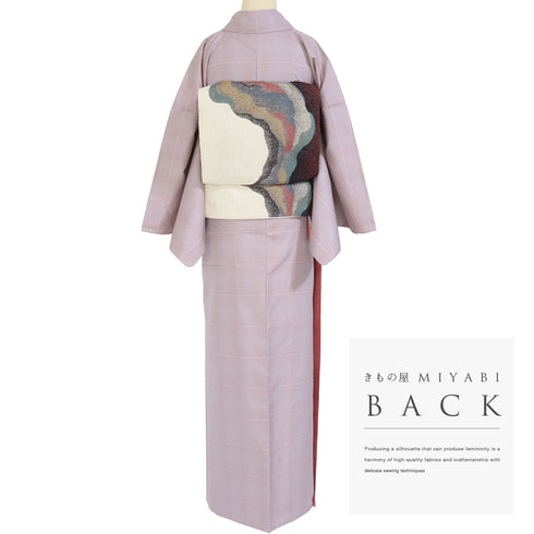 紬 リサイクル 身丈167.3cm 裄68.4cm 袷 デザイン格子柄 ピンク LLサイズ お洒落 カジュアル しつけ糸 正絹 広衿 Sランク