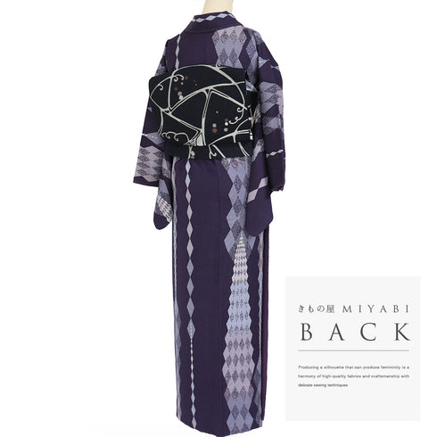 小紋 リサイクル 身丈152cm 裄64cm 袷 菱つなぎ柄 地紋 松本伸 パープル Sサイズ お洒落 カジュアル 正絹 バチ衿 Aランク