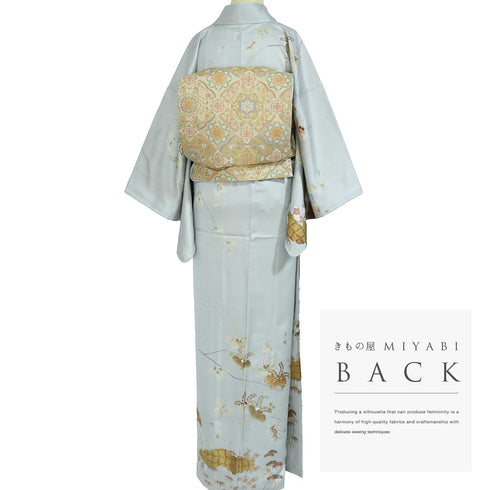 訪問着 リサイクル 身丈159.5cm 裄64.4cm 袷 桐柄 松竹梅柄 金駒刺繍 箔加工 グレー Mサイズ フォーマル セミフォーマル しつけ糸 正絹 広衿 Sランク