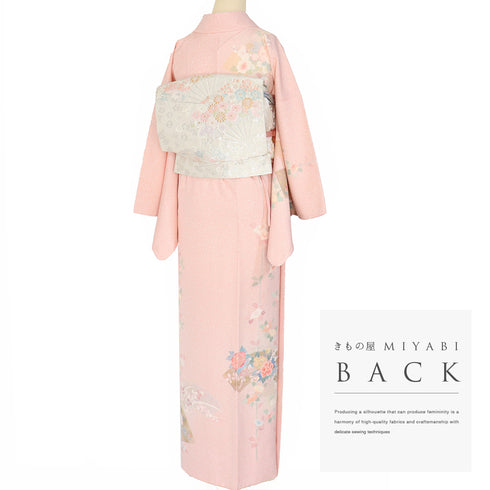 訪問着 リサイクル 身丈162.3cm 裄67.4cm 袷 地紙に牡丹柄 ピンク Lサイズ フォーマル セミフォーマル 落款 正絹 広衿 Sランク