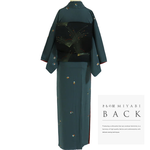 小紋 リサイクル 身丈152.8cm 裄62cm 袷 鳥柄 刺繍 グリーン Sサイズ お洒落 カジュアル 正絹 広衿 Sランク