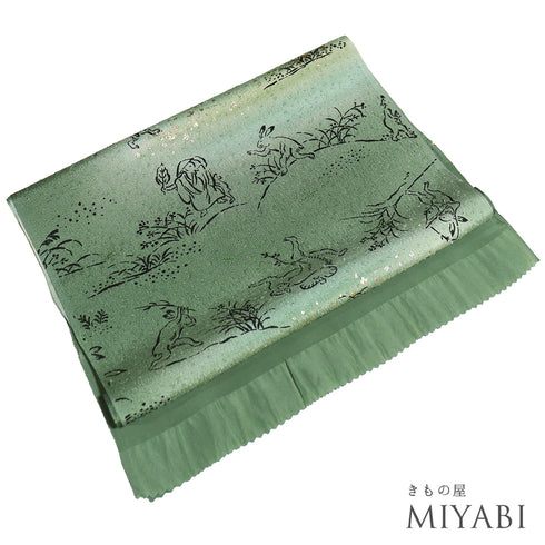 帯揚げ リサイクル お洒落 ちりめん 正絹 グリーン 鳥獣戯画 新品・未使用品 AG-1220