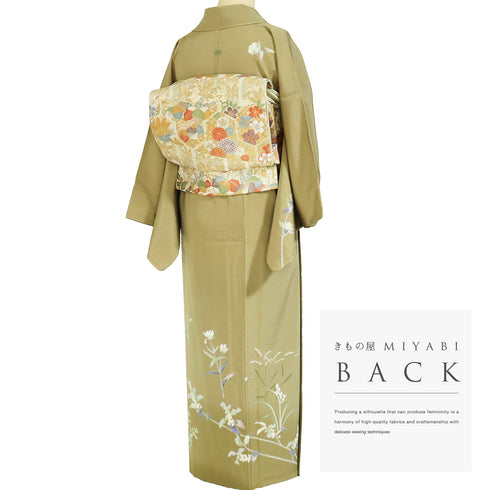 訪問着 リサイクル 身丈150cm 裄62.4cm 袷 草花柄 山﨑巌 グリーン SSサイズ セミフォーマル 落款 一つ紋 正絹 広衿 Sランク