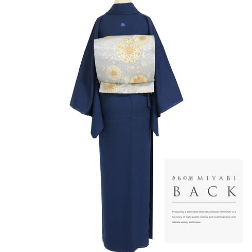 色無地 リサイクル 身丈165cm 裄64.4cm 袷 ネイビー Lサイズ セミフォーマル 一つ紋 しつけ糸 正絹 広衿 地紋あり Sランク