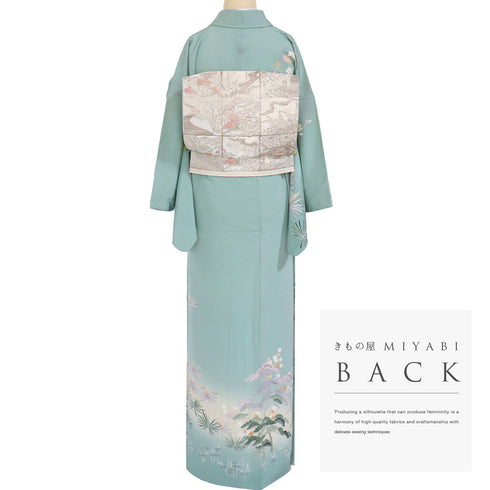 訪問着 リサイクル 身丈160.3cm 裄64.4cm 袷 若松や風景柄 グリーン Mサイズ セミフォーマル 一つ紋 正絹 広衿 Aランク