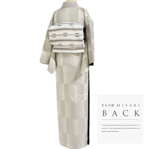 紬 リサイクル 身丈162cm 裄65cm 袷 お召 石畳柄 織りぼかし 地紋 アイボリー Lサイズ お洒落 カジュアル 正絹 広衿 Aランク