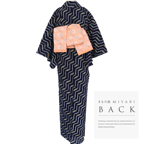 浴衣 リサイクル 夏着物 身丈142.7cm 裄60.4cm 夏物 ジュニアサイズ 幾何学模様 ネイビー 規格外サイズ カジュアル 木綿 洗える着物 バチ衿 Sランク
