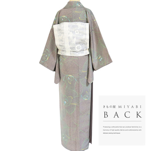 小紋 リサイクル 身丈156.2cm 裄65.6cm 袷 大輪の花模様 地紋 パープル Mサイズ お洒落 カジュアル 正絹 広衿 Sランク