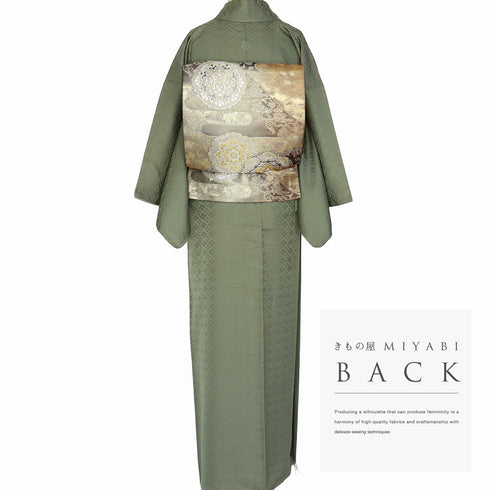 色無地 リサイクル 身丈153cm 裄61.9cm 袷 グリーン Sサイズ セミフォーマル 一つ紋 正絹 広衿 地紋あり Sランク