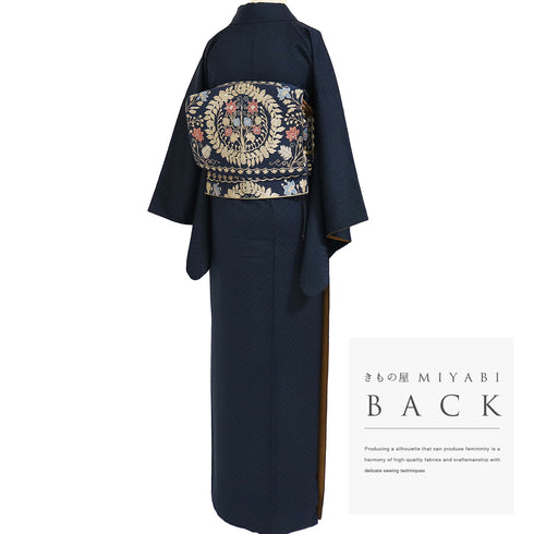 紬 リサイクル 身丈164cm 裄65cm 袷 市松柄 地紋 パールトーン加工 ネイビー Lサイズ お洒落 落款 しつけ糸 正絹 広衿 Sランク