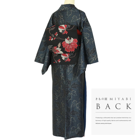 紬 リサイクル 身丈156.8cm 裄63.2cm 袷 葉柄 ネイビー Mサイズ お洒落 カジュアル 正絹 広衿 Sランク