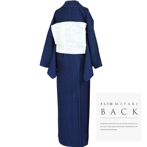 小紋 リサイクル 身丈157.5cm 裄66.4cm 袷 麻の葉柄 藍染 ゆったりサイズ ネイビー Mサイズ お洒落 カジュアル しつけ糸 正絹 広衿 Sランク