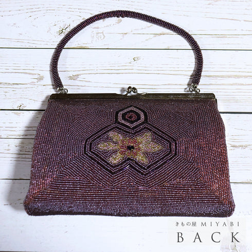 ビーズバック アンティーク パープル地 花柄 お洒落 カジュアル 横幅19cm 高さ13cm マチ5cm Aランク 和装小物 ET-391