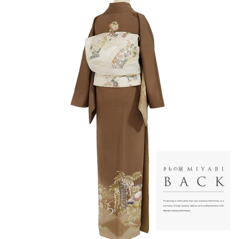 付下げ リサイクル 身丈168cm 裄69.6cm 袷 牡丹 四季花 プラチナガード加工 金駒刺繍 花井幸子作 ブラウン LLサイズ セミフォーマル お洒落 三つ紋 正絹 広衿 Aランク