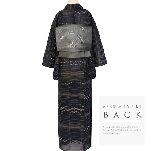 小紋 リサイクル 夏着物 身丈162.5cm 裄66.8cm 夏物 デザイン菱柄 ブラック Lサイズ カジュアル しつけ糸 不明 広衿 Sランク