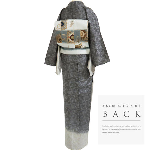 付下げ リサイクル 身丈158.8cm 裄65.2cm 袷 大島紬 草花柄 グレー Mサイズ お洒落 正絹 広衿 Sランク