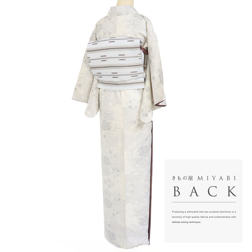 紬 リサイクル 身丈152cm 裄62.8cm 袷 御所車に花柄 ベージュ Sサイズ カジュアル お洒落 しつけ糸 正絹 広衿 Aランク