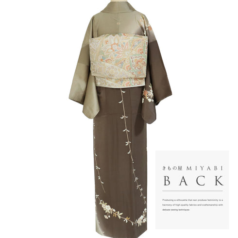 訪問着 リサイクル 身丈156.5cm 裄62.8cm 袷 枝垂れ花柄 十二代目 市川団十郎 刺繍 箔 ブラウン Mサイズ セミフォーマル 落款 一つ紋 しつけ糸 正絹 広衿 Sランク