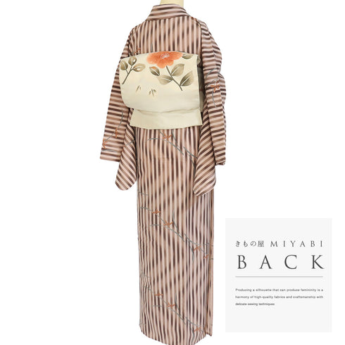 小紋 リサイクル 身丈161cm 裄70cm 単衣 縞柄 花柄 ブラウン Lサイズ お洒落 カジュアル ポリエステル 洗える着物 バチ衿 Sランク