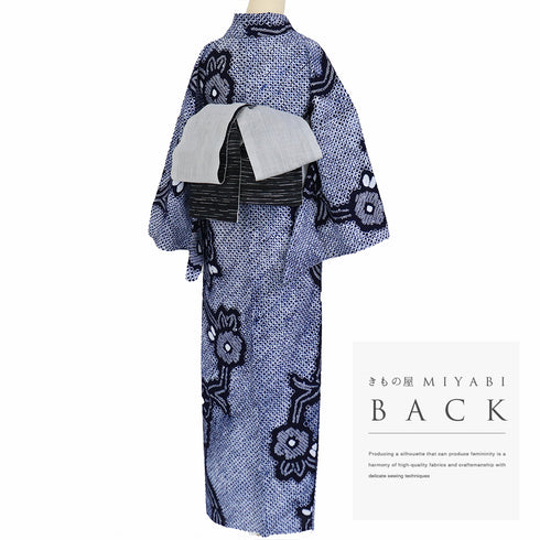 浴衣 リサイクル 夏着物 身丈150.5cm 裄66.4cm 夏物 絞り 花柄 ネイビー Sサイズ カジュアル お洒落 木綿 洗える着物 バチ衿 Sランク