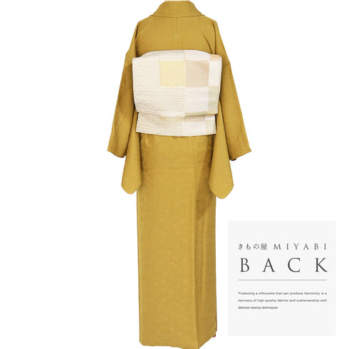 色無地 リサイクル 身丈154.3cm 裄64.4cm 袷 八重梅模様 織り出し イエロー Sサイズ セミフォーマル 一つ紋 正絹 広衿 地紋あり Sランク