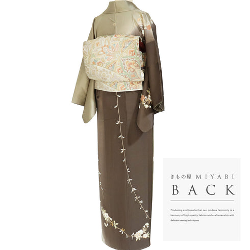 訪問着 リサイクル 身丈156.5cm 裄62.8cm 袷 枝垂れ花柄 十二代目 市川団十郎 刺繍 箔 ブラウン Mサイズ セミフォーマル 落款 一つ紋 しつけ糸 正絹 広衿 Sランク