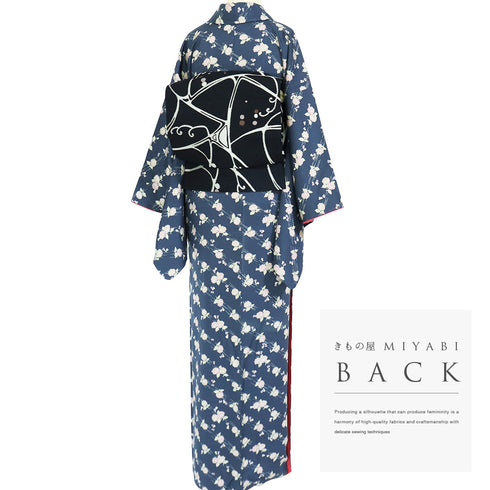 小紋 リサイクル 身丈164cm 裄65.5cm 袷 花柄 ブルー Lサイズ お洒落 カジュアル 正絹 広衿 Sランク